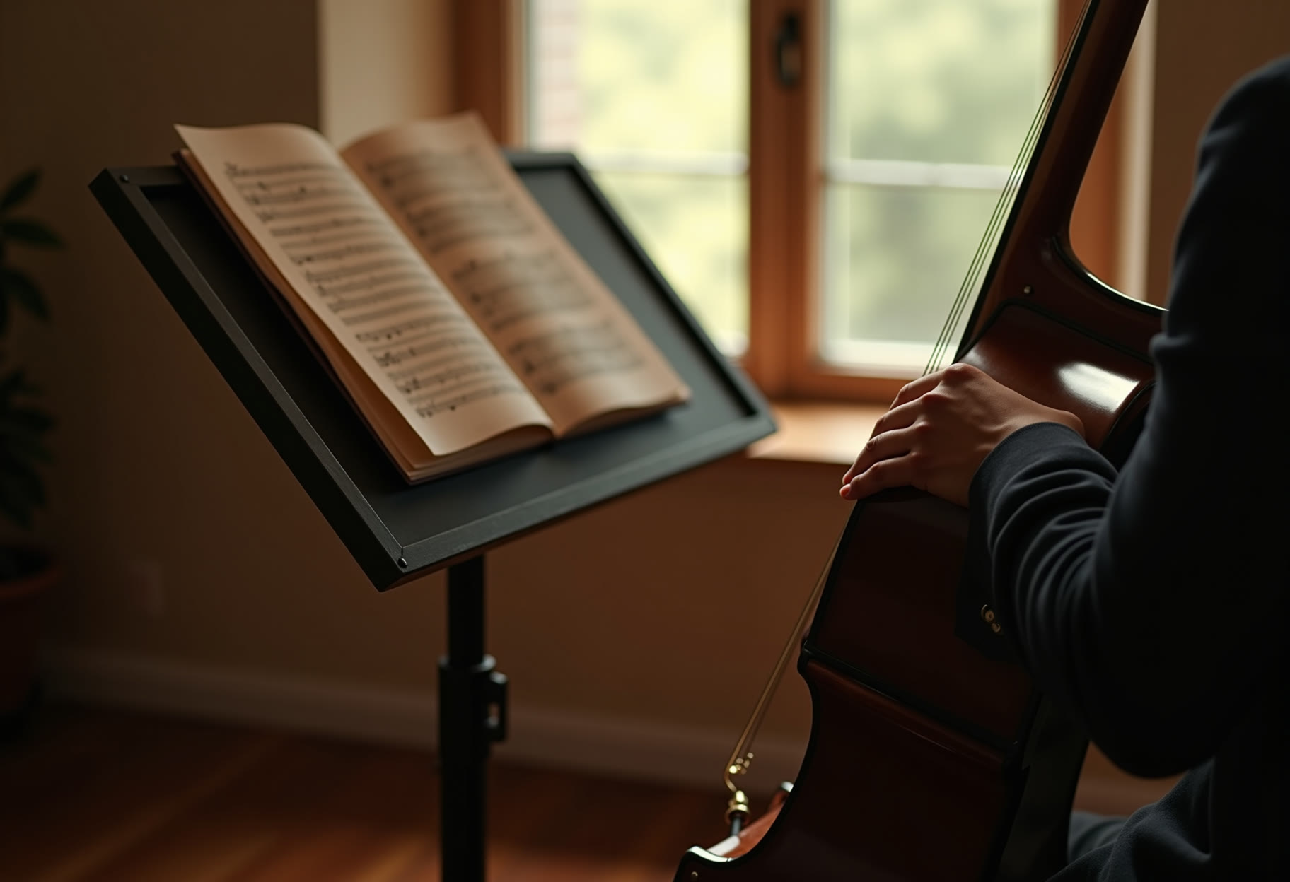 Acoustic guitar neck and frets in warm light