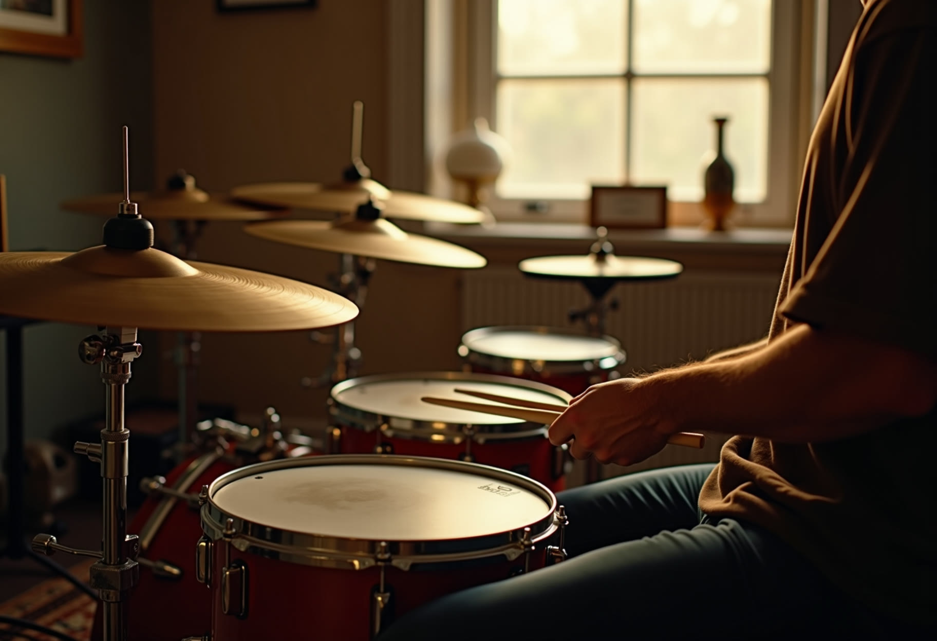 Drum kit with sticks on snare