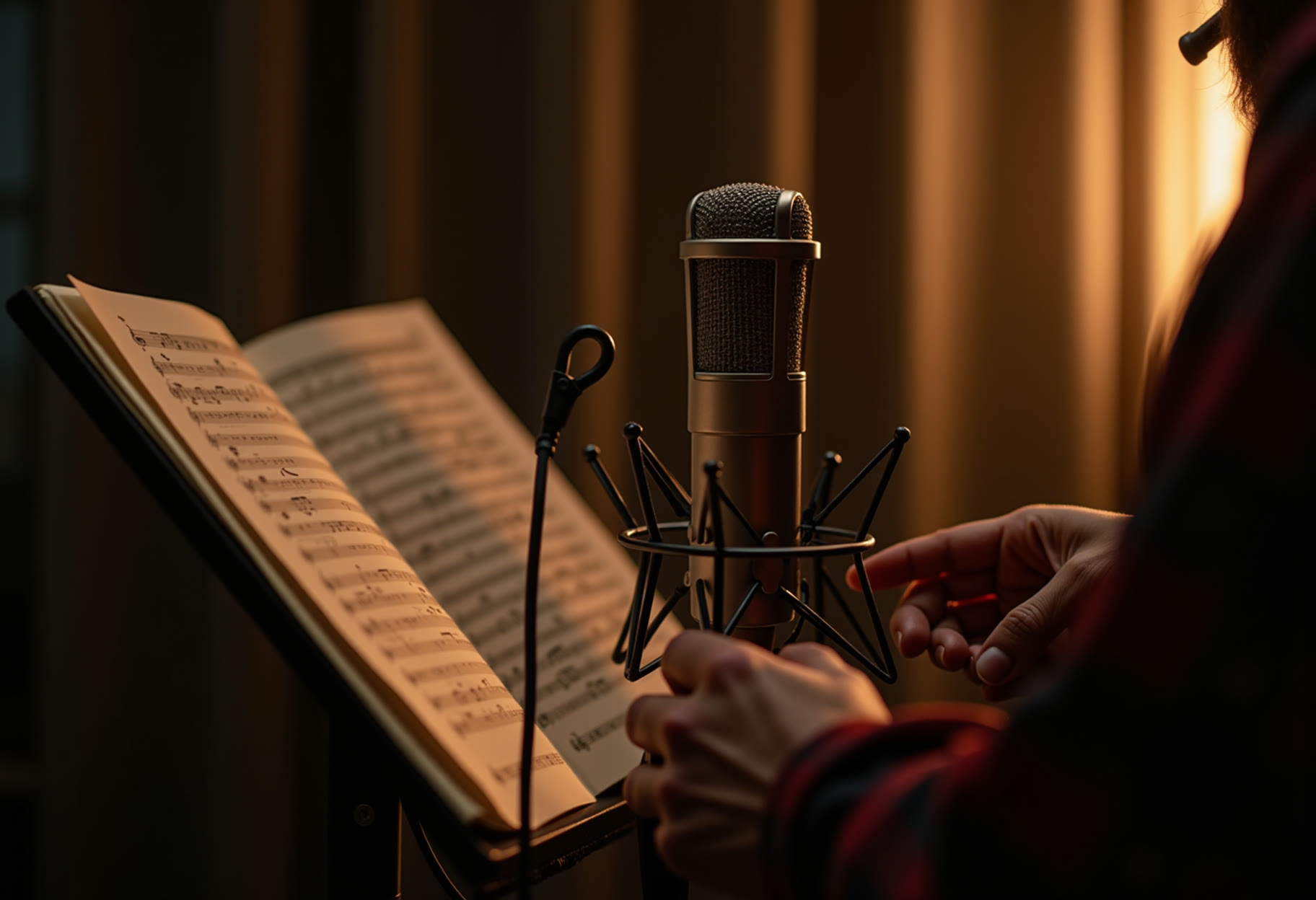 Vocal student at mic, sheet music open