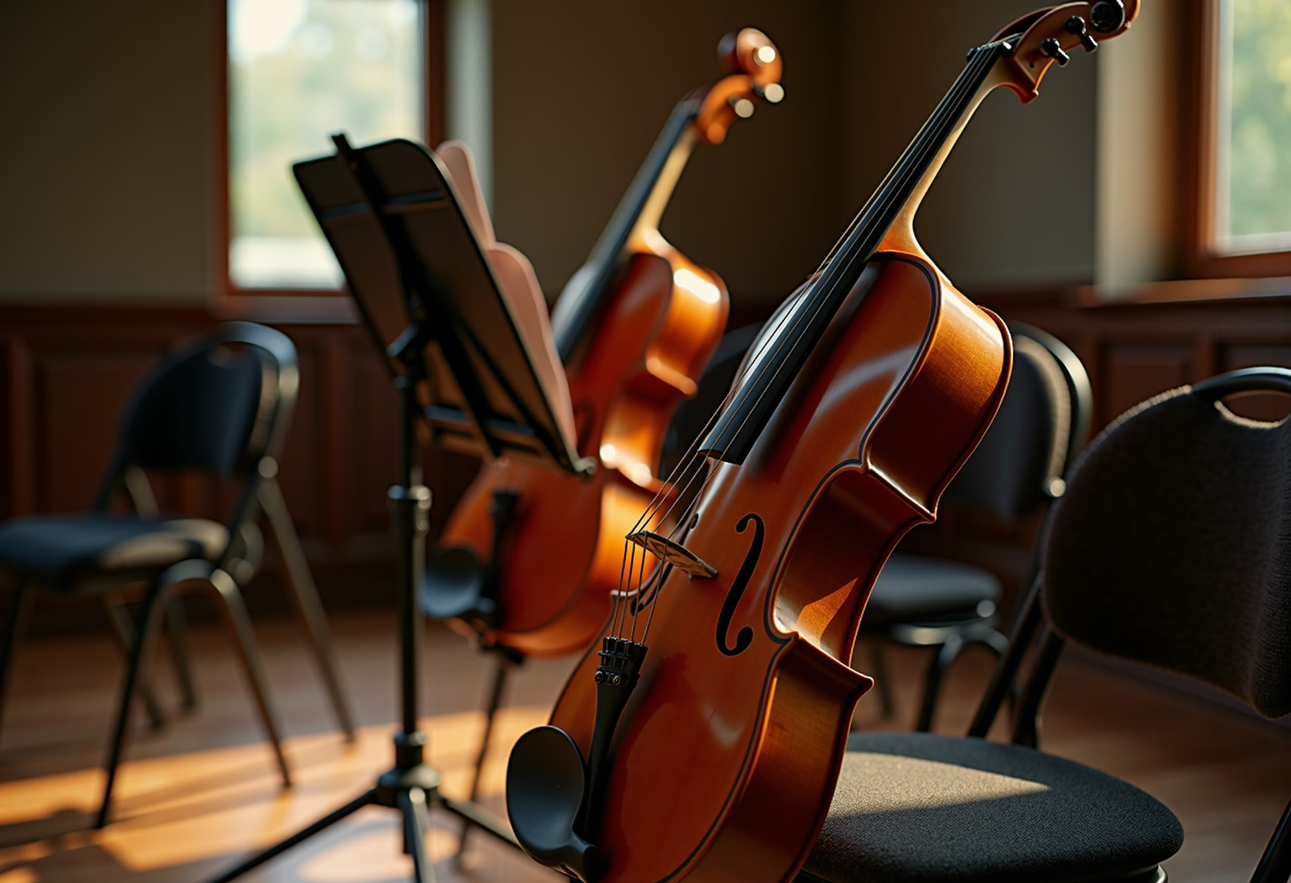 Violin on stand, bow beside it
