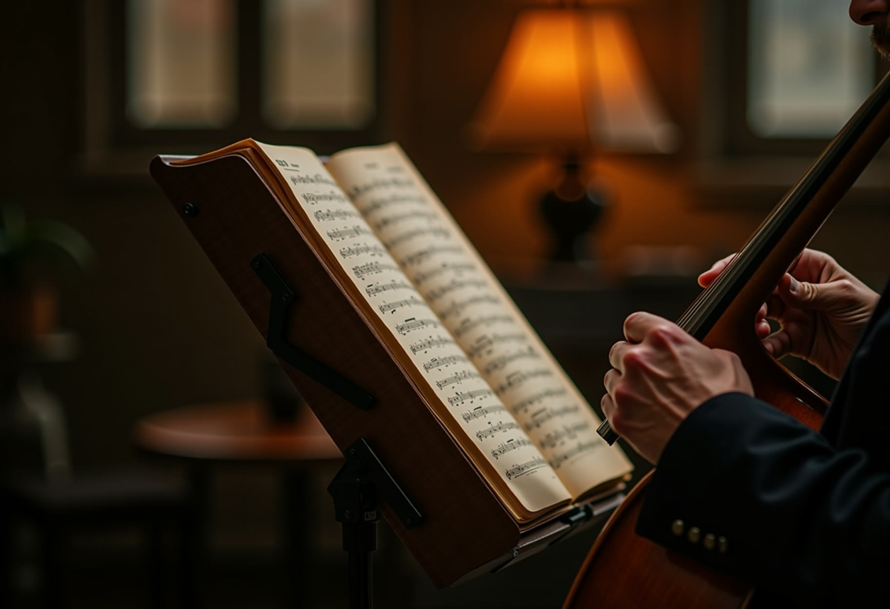 Music stand with open book at end of night